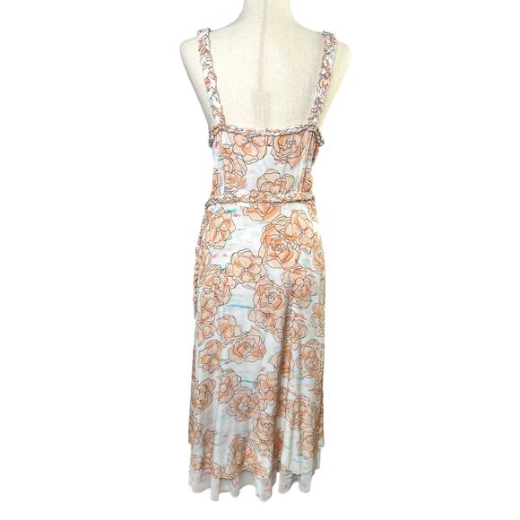 Dyvna Chacha Dress Womens Size 10 Peach Floral Braided Strap Belted Silk Midi - Picture 13 of 16